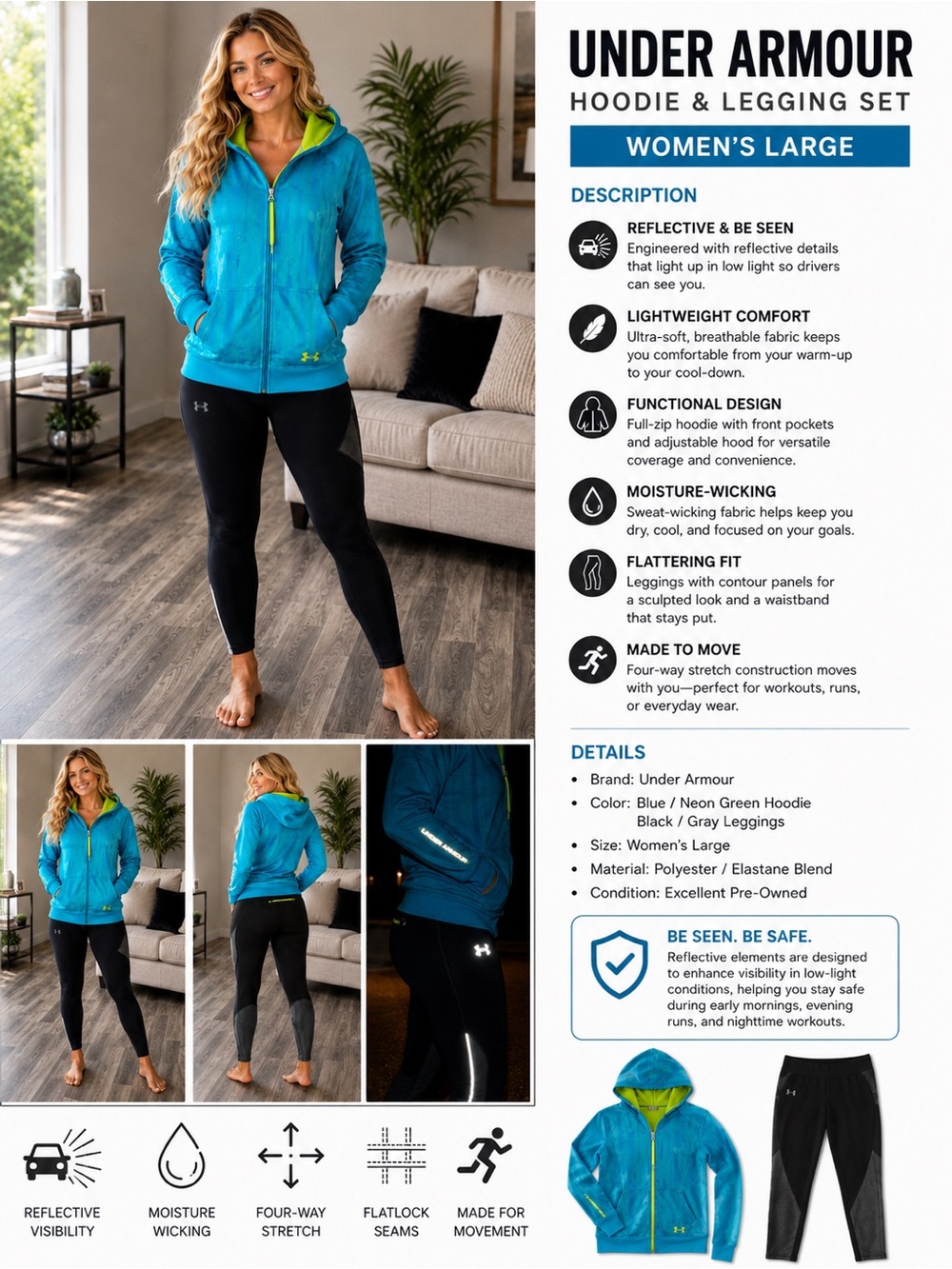Under Armour Teal Blue Hoodie with Neon Green Lining - Women's